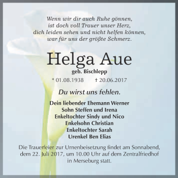 Traueranzeige von Helga Aue von WVG - Wochenspiegel Merseburg