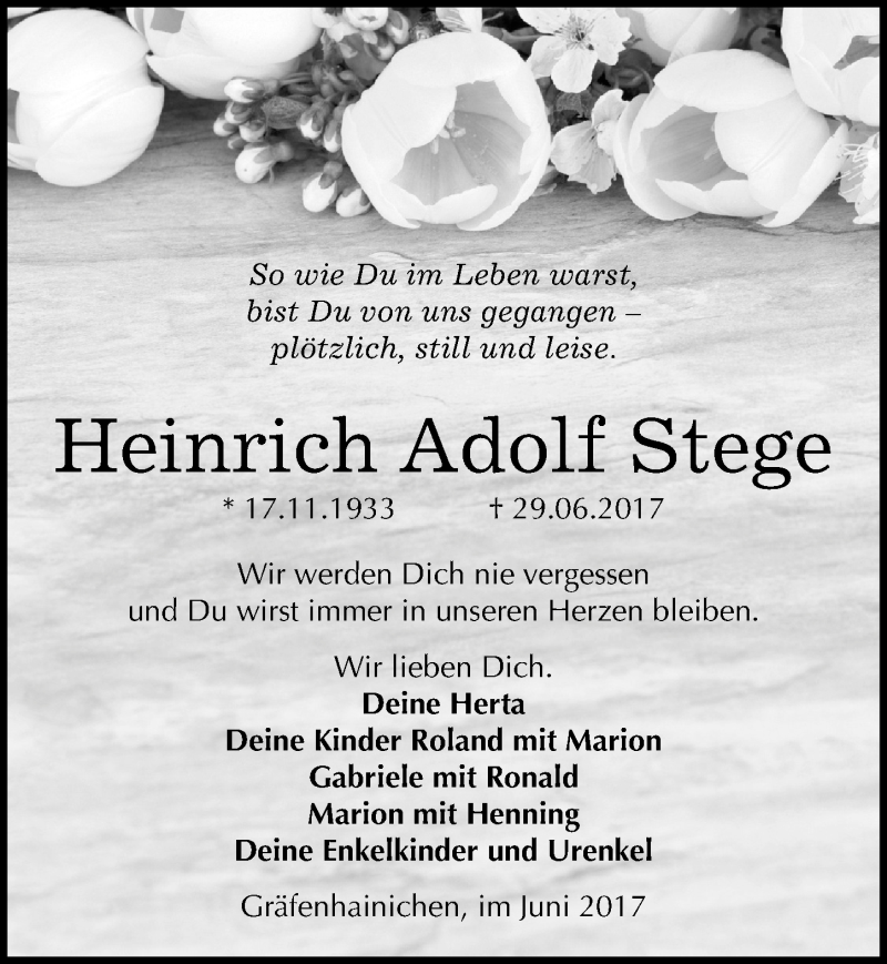  Traueranzeige für Heinrich Adolf Stege vom 08.07.2017 aus Mitteldeutsche Zeitung Wittenberg