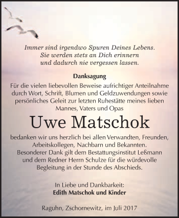Traueranzeige von Uwe Matschok von WVG - Wochenspiegel Wittenberg