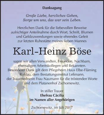 Traueranzeige von Karl-Heinz Böse von WVG - Wochenspiegel Wittenberg