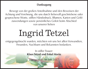 Traueranzeige von Ingrid Tetzel von WVG - Wochenspiegel Quedlinburg