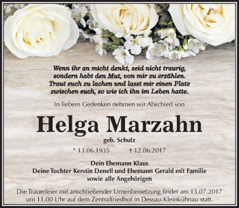 Traueranzeige von Helga Marzahn von Mitteldeutsche Zeitung Dessau-Roßlau