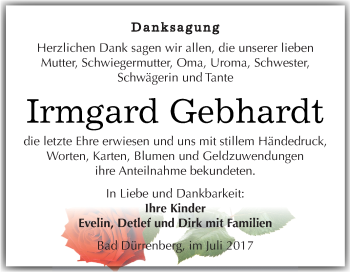 Traueranzeige von Irmgard Gebhardt von Super Sonntag Merseburg
