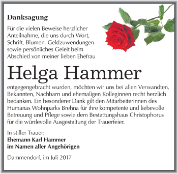 Traueranzeige von Helga Hammer von Mitteldeutsche Zeitung Halle/Saalkreis