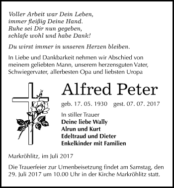 Traueranzeige von Alfred Peter von Mitteldeutsche Zeitung Weißenfels