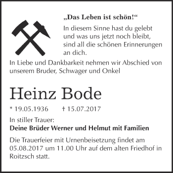 Traueranzeige von Heinz Bode von WVG - Wochenspiegel Bitterfeld