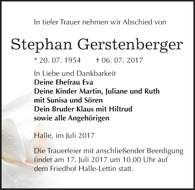  Traueranzeige für Stephan Gerstenberger vom 12.07.2017 aus Mitteldeutsche Zeitung Halle/Saalkreis