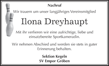 Traueranzeige von Ilona Dreyhaupt von Super Sonntag Zeitz