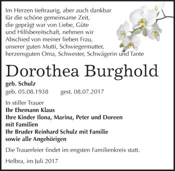 Traueranzeige von Dorothea Burghold von Mitteldeutsche Zeitung Mansfelder Land