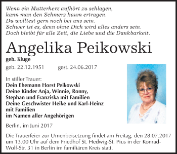 Traueranzeige von Angelika Peikowski von Mitteldeutsche Zeitung Halle/Saalkreis