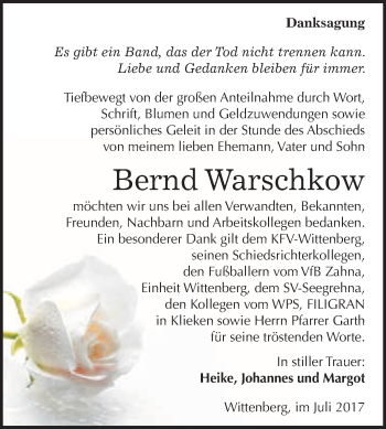 Traueranzeige von Bernd Warschkow von WVG - Wochenspiegel Wittenberg