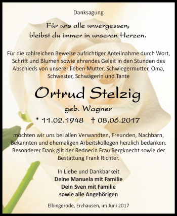 Traueranzeige von Ortrud Stelzig von Super Sonntag SGH Mansf. Land
