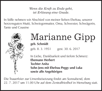 Traueranzeige von Marianne Gipp von WVG - Wochenspiegel Merseburg