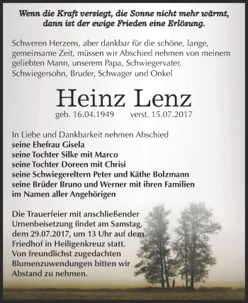 Traueranzeige von Heinz Lenz von WVG - Wochenspiegel NMB / WSF / ZTZ