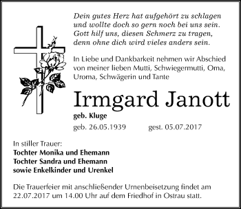 Traueranzeige von Irmgard Janott von Mitteldeutsche Zeitung Halle/Saalkreis