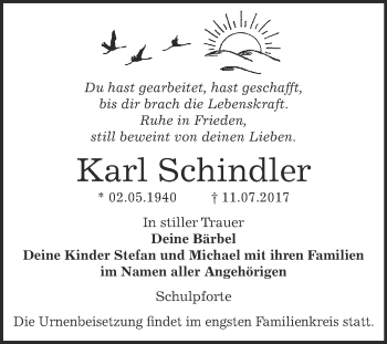 Traueranzeige von Karl Schindler von WVG - Wochenspiegel NMB / WSF / ZTZ