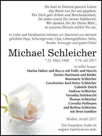 Traueranzeige von Michael Schleicher von WVG - Wochenspiegel Dessau / Köthen