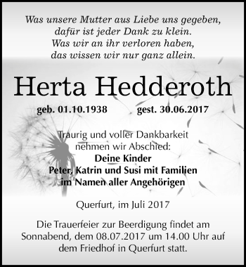 Traueranzeige von Herta Hedderoth von Mitteldeutsche Zeitung Merseburg/Querfurt
