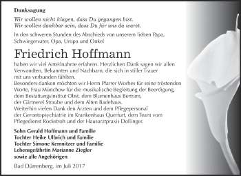 Traueranzeige von Friedrich Hoffmann von Super Sonntag Merseburg