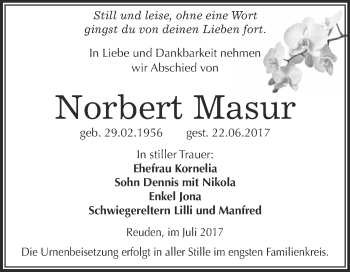 Traueranzeige von Norbert Masur von WVG - Wochenspiegel Bitterfeld