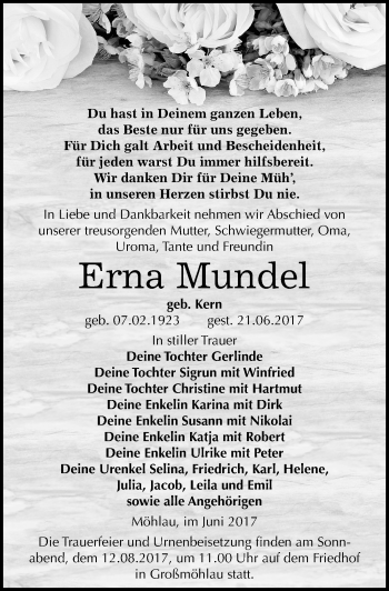 Traueranzeige von Erna Mundel von Mitteldeutsche Zeitung Wittenberg
