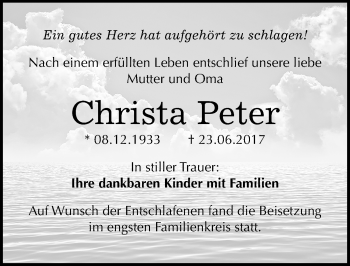 Traueranzeige von Christa Peter von Mitteldeutsche Zeitung Mansfelder Land
