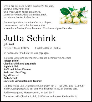 Traueranzeige von Jutta Schink von WVG - Wochenspiegel Dessau / Köthen