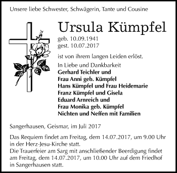 Traueranzeige von Ursula Kümpfel von Mitteldeutsche Zeitung Sangerhausen