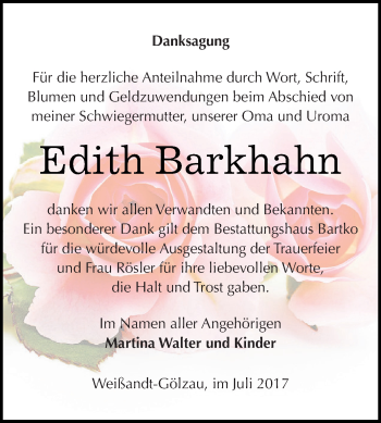 Traueranzeige von Edith Barkhahn von WVG - Wochenspiegel Dessau / Köthen