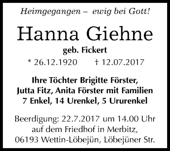 Traueranzeige von Hanna Giehne von Mitteldeutsche Zeitung Halle/Saalkreis