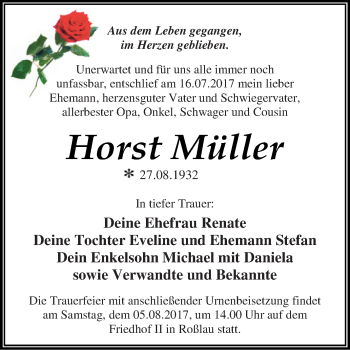 Traueranzeige von Horst Müller von WVG - Wochenspiegel Dessau / Köthen