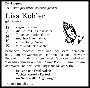 Traueranzeige von Lisa Köhler von Mitteldeutsche Zeitung Weißenfels