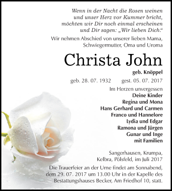 Traueranzeige von Christa John von Super Sonntag SGH Mansf. Land