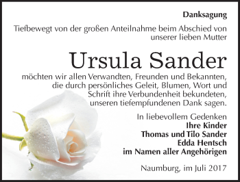 Traueranzeige von Ursula Sander von Mitteldeutsche Zeitung Naumburg/Nebra