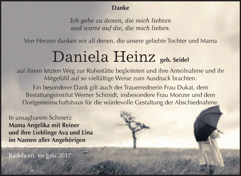  Traueranzeige für Daniela Heinz vom 08.07.2017 aus WVG - Wochenspiegel Quedlinburg