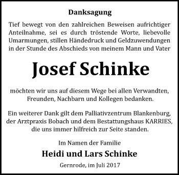 Traueranzeige von Josef Schinke von Mitteldeutsche Zeitung Quedlinburg