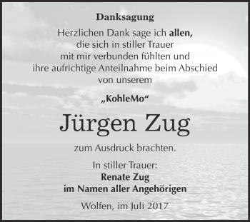 Traueranzeige von Jürgen Zug von WVG - Wochenspiegel Bitterfeld