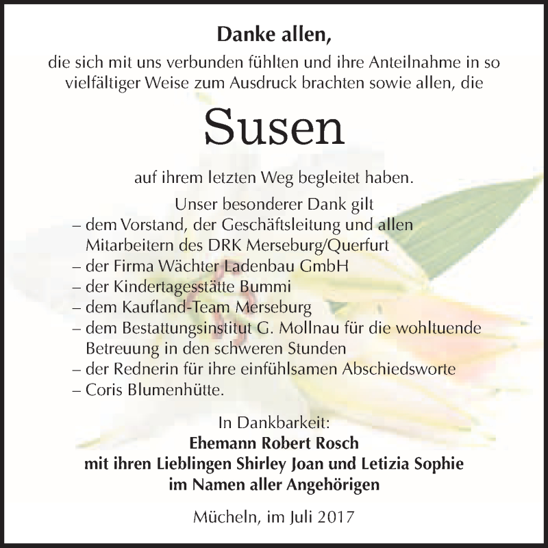  Traueranzeige für Susen Rosch vom 15.07.2017 aus WVG - Wochenspiegel Merseburg