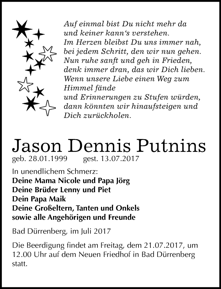  Traueranzeige für Jason Dennis Putnins vom 15.07.2017 aus Mitteldeutsche Zeitung Merseburg/Querfurt
