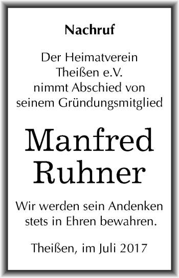 Traueranzeige von Manfred Ruhner von Mitteldeutsche Zeitung Zeitz