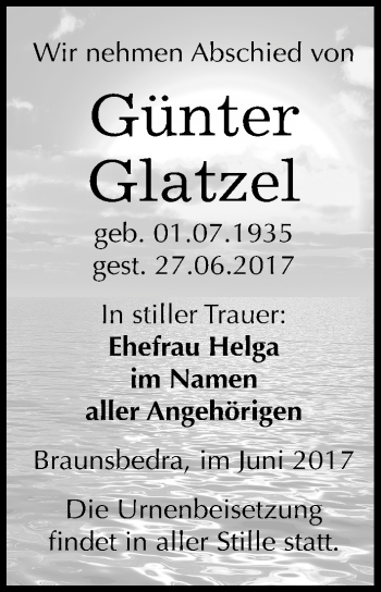 Traueranzeige von Günter Glatzel von Mitteldeutsche Zeitung Merseburg/Querfurt