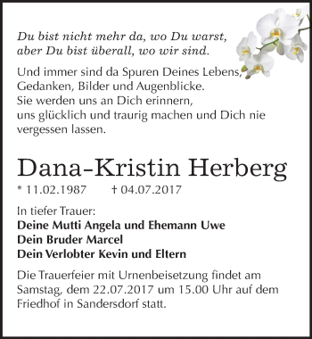 Traueranzeige von Dana-Kristin Herberg von Mitteldeutsche Zeitung Bitterfeld