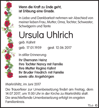 Traueranzeige von Ursula Uhlrich von Mitteldeutsche Zeitung Weißenfels