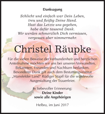 Traueranzeige von Christel Räupke von Mitteldeutsche Zeitung Mansfelder Land