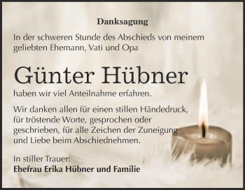 Traueranzeige von Günter Hübner von WVG - Wochenspiegel Merseburg