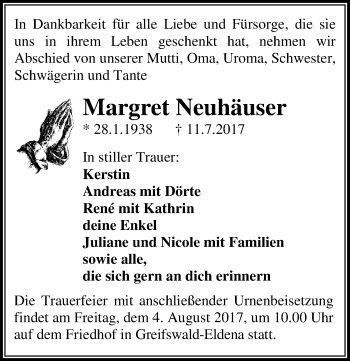 Traueranzeige von Margret Neuhäuser von Mitteldeutsche Zeitung Wittenberg
