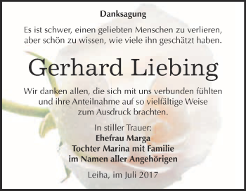 Traueranzeige von Gerhard Liebing von WVG - Wochenspiegel Merseburg
