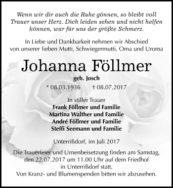 Traueranzeige von Johanna Föllmer von Mitteldeutsche Zeitung Mansfelder Land