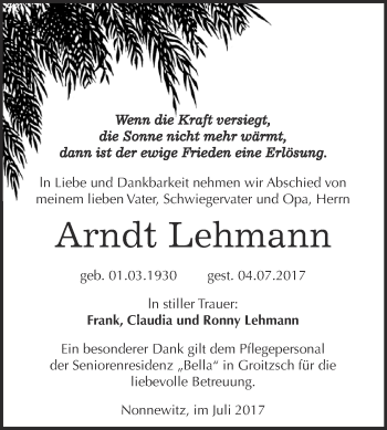 Traueranzeige von Arndt Lehmann von Super Sonntag Zeitz
