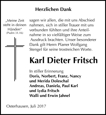 Traueranzeige von Karl Dieter Fritsch von Mitteldeutsche Zeitung Mansfelder Land